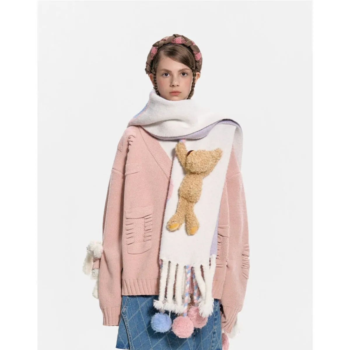 13De Marzo Plush Bear Weave Knit Ball Scarf White
