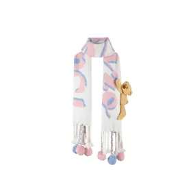 13De Marzo Plush Bear Weave Knit Ball Scarf White
