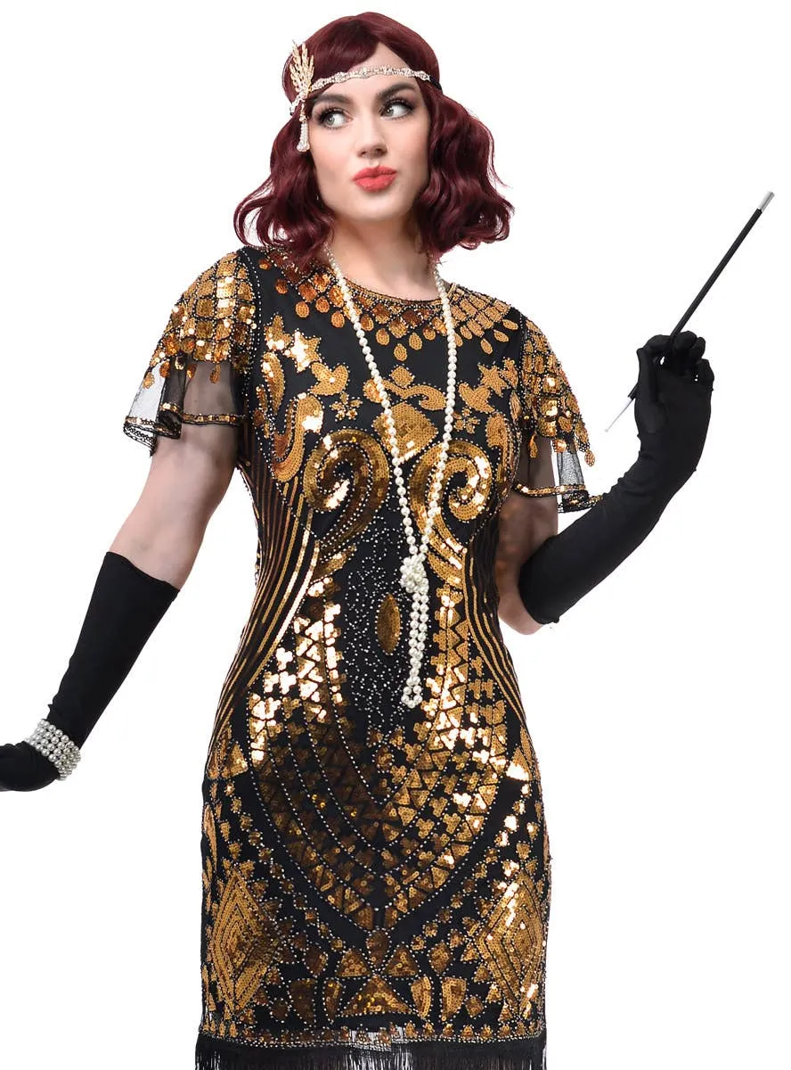 1920s Gold Sequinned Gatsby Dress Costume with Cap Sleeves