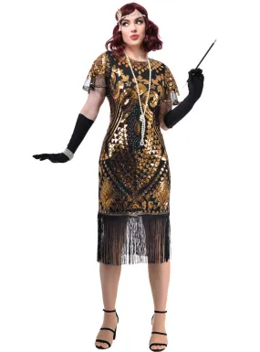 1920s Gold Sequinned Gatsby Dress Costume with Cap Sleeves