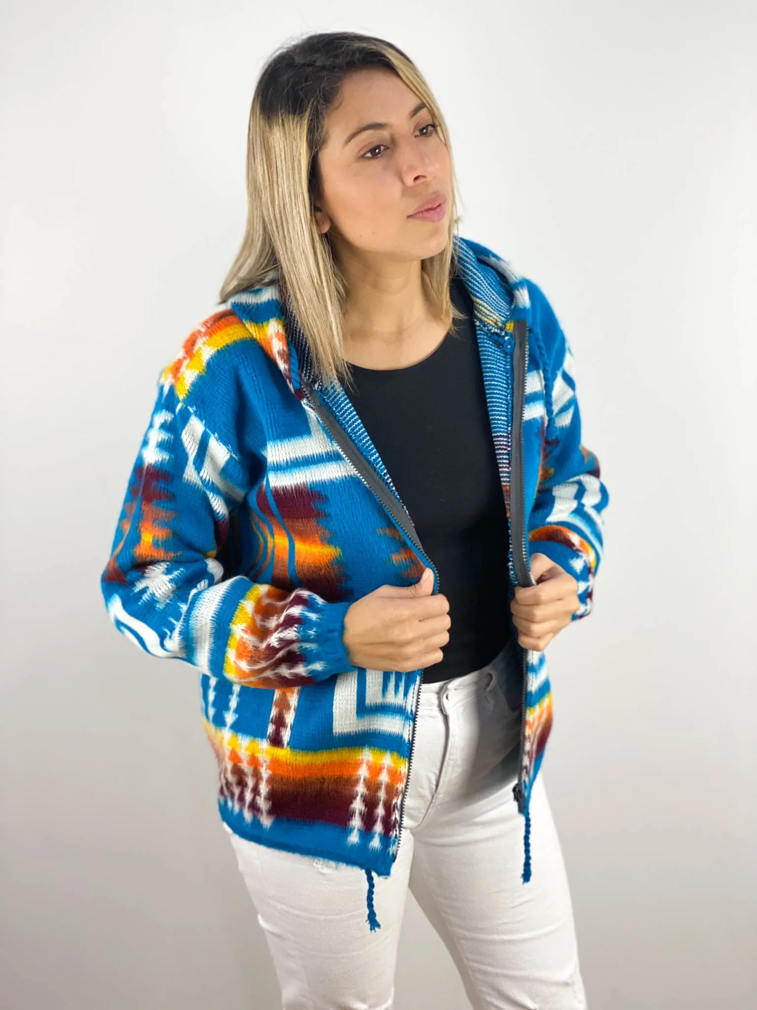 Alpaca Wool Jacket with Hoodie - Native American Style - Turquoise & White