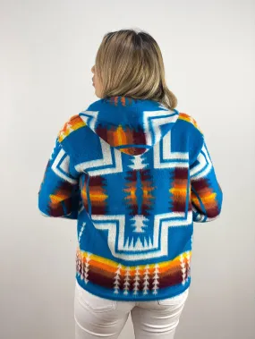 Alpaca Wool Jacket with Hoodie - Native American Style - Turquoise & White