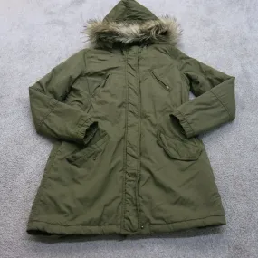 American Eagle Womens Parka Faux Fur Trim Hood Puffer Winter Coat Green SZ Small