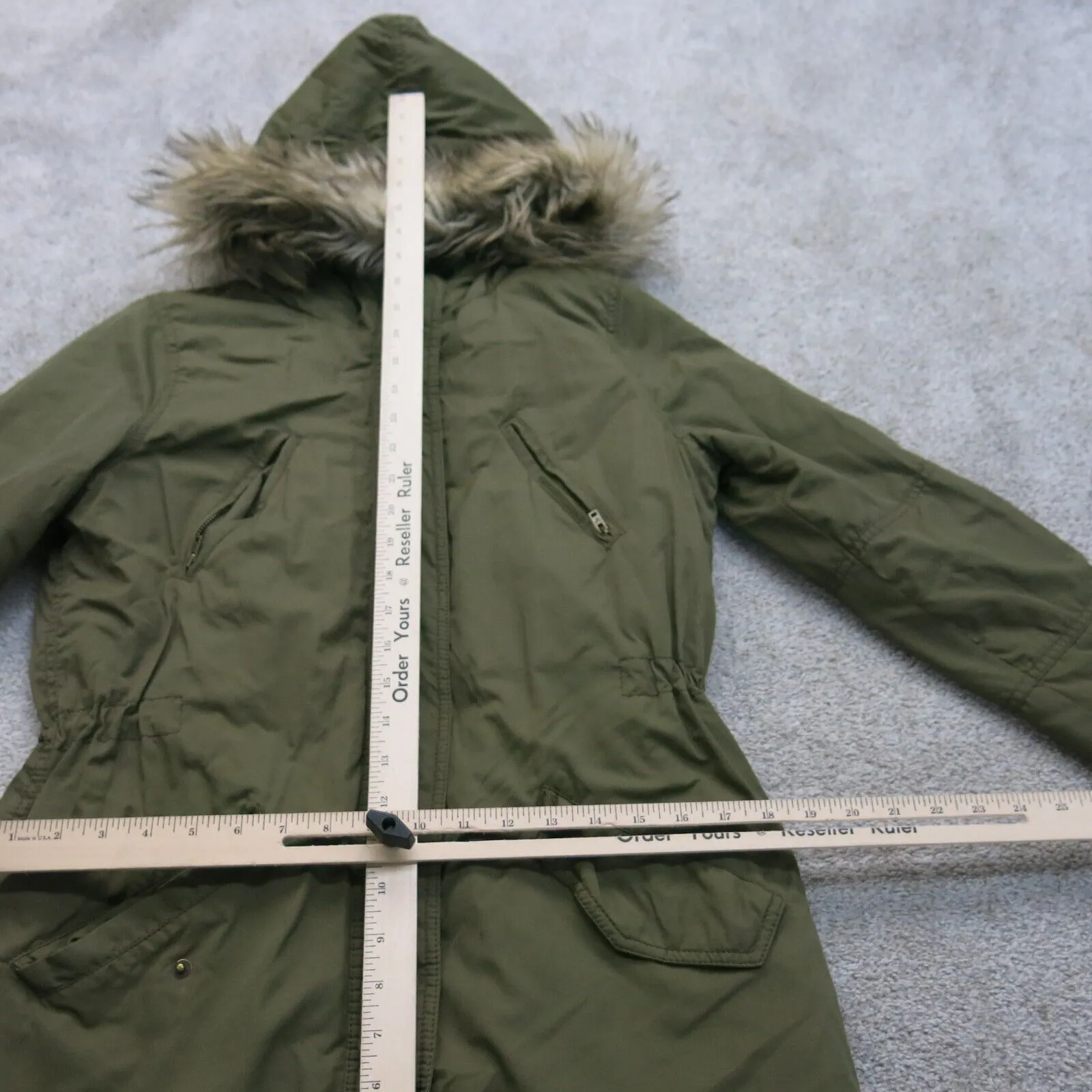 American Eagle Womens Parka Faux Fur Trim Hood Puffer Winter Coat Green SZ Small