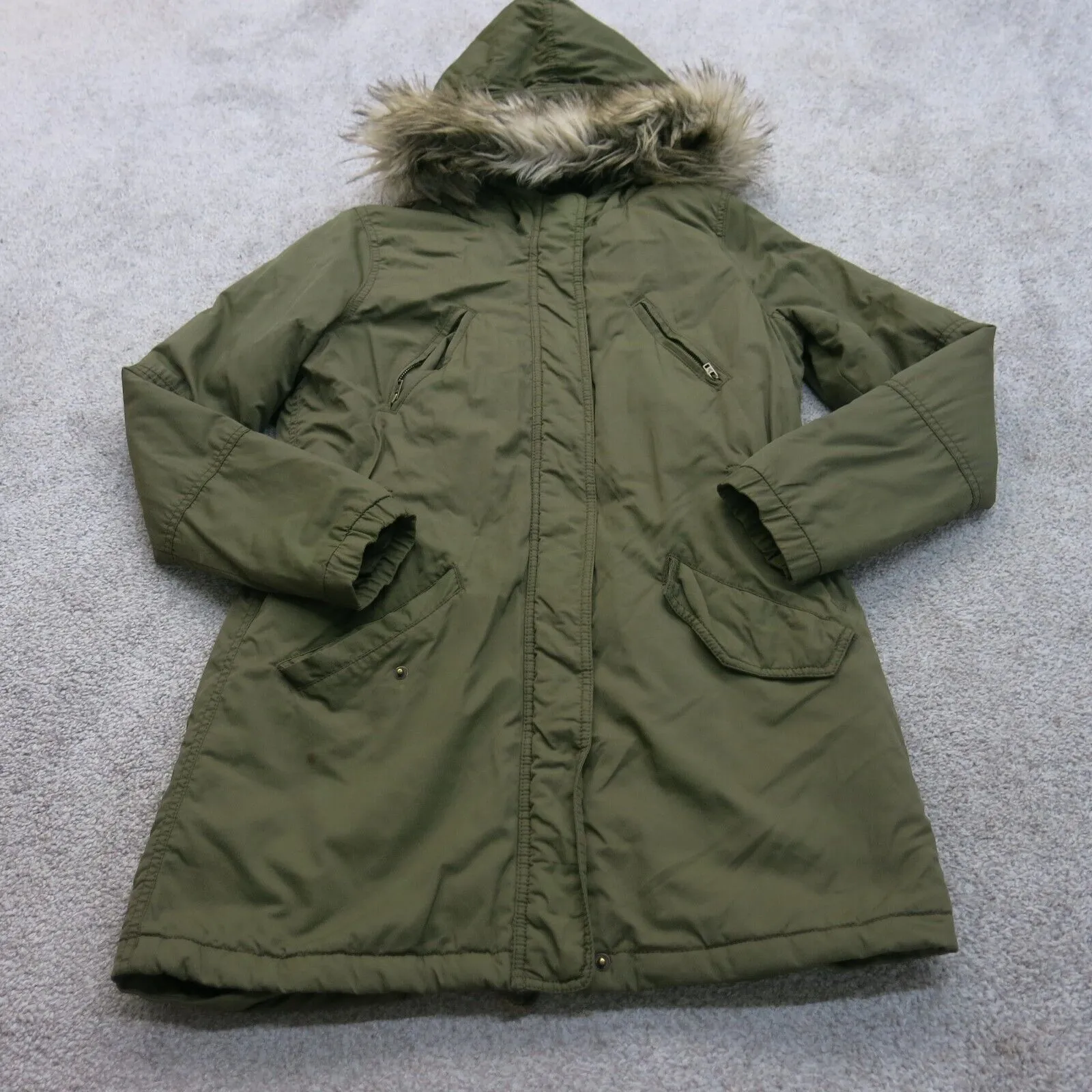 American Eagle Womens Parka Faux Fur Trim Hood Puffer Winter Coat Green SZ Small