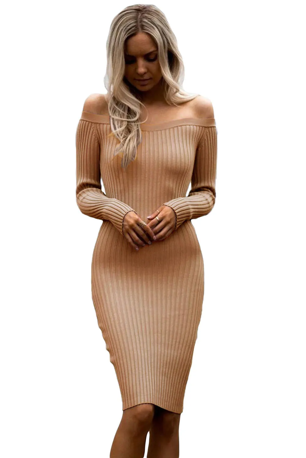 Apricot Off Shoulder Long Sleeve Rib Knit Sweater Dress