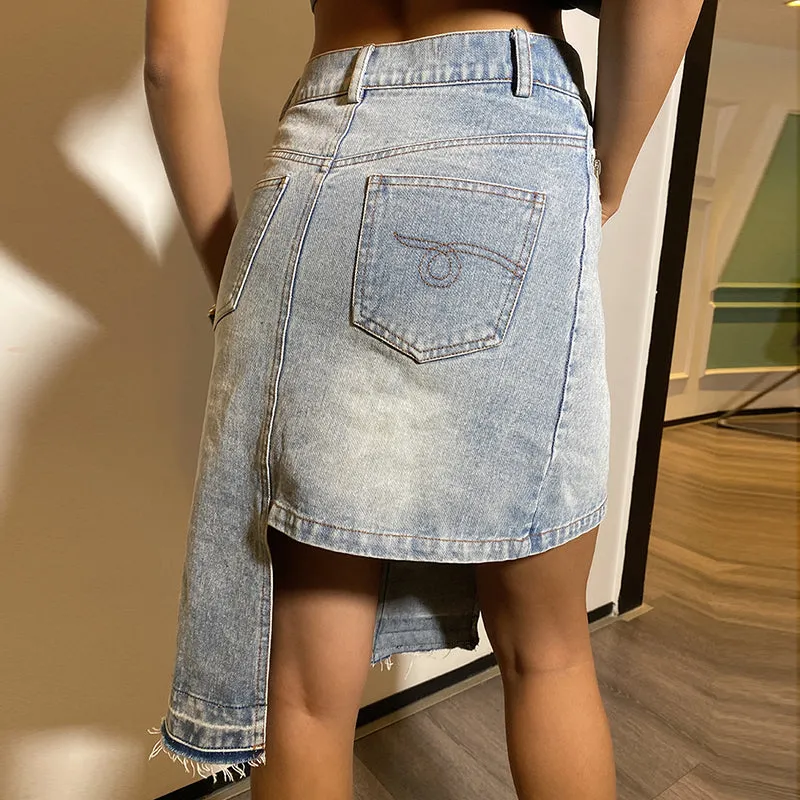 Asymmetric Women Denim Skirt High Waist Irregular Casual Large Size Midi Denim Skirt