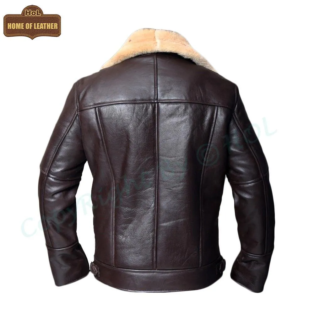 B007 New Men's Real Leather & Fur Bomber Brown Cross Army Style Wear Jacket