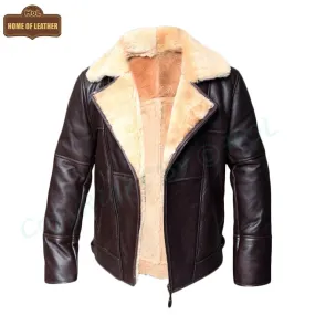 B007 New Men's Real Leather & Fur Bomber Brown Cross Army Style Wear Jacket