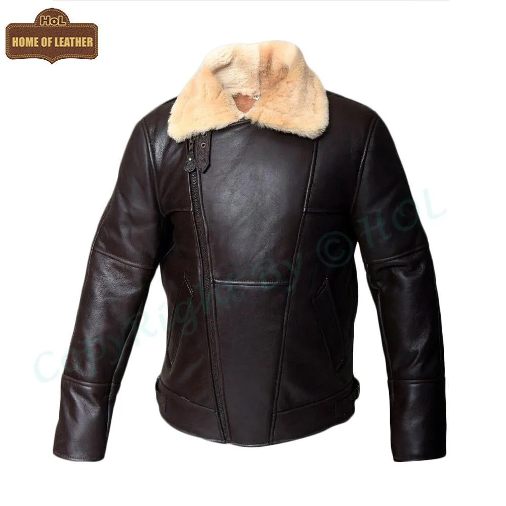 B007 New Men's Real Leather & Fur Bomber Brown Cross Army Style Wear Jacket