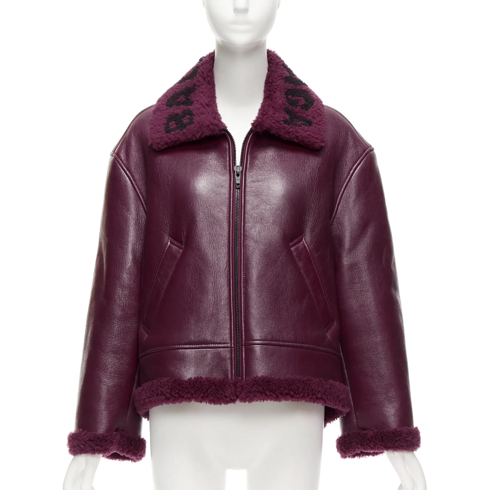 BALENCIAGA Demna 2020 burgundy logo shearling cocoon Bombardier jacket FR34 XS