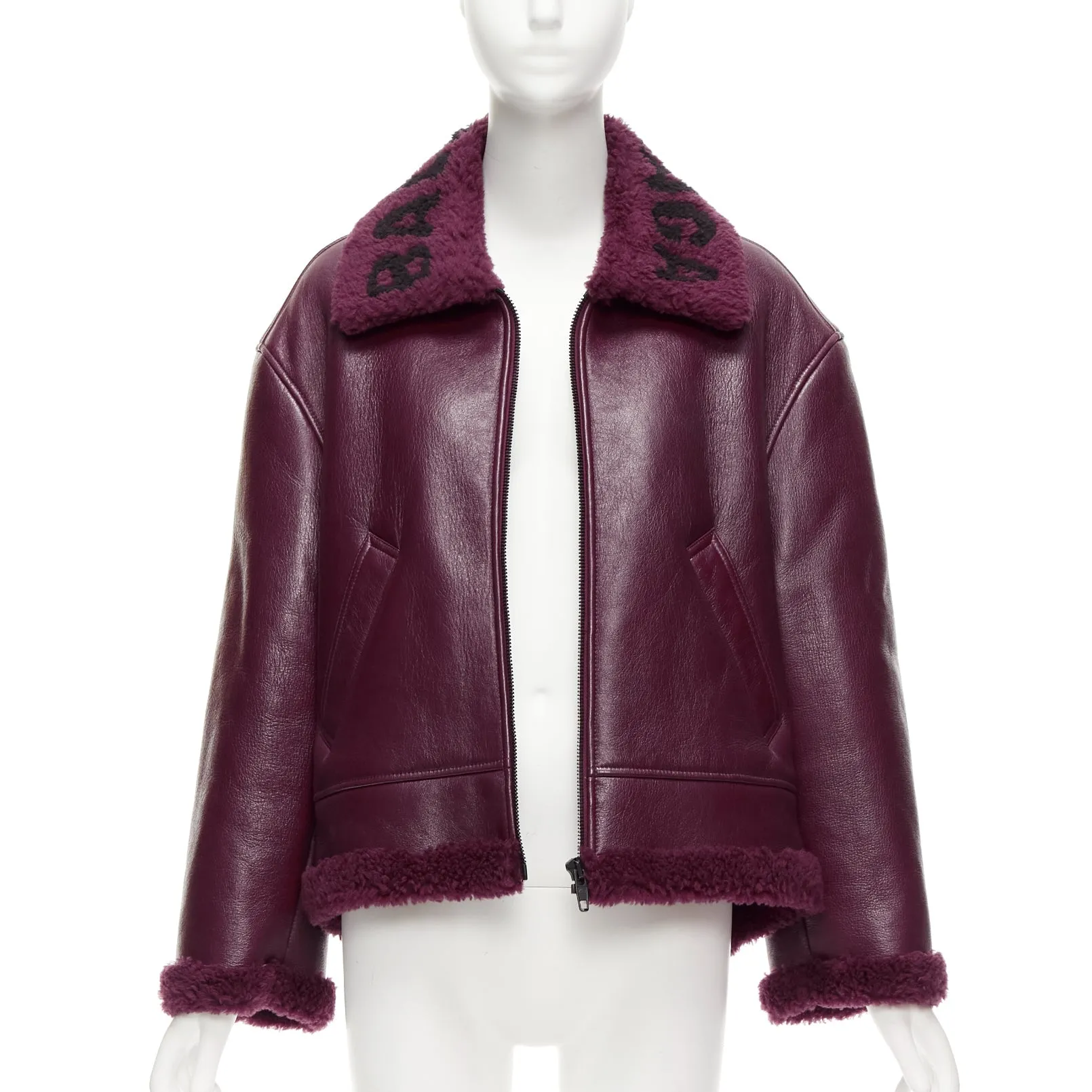 BALENCIAGA Demna 2020 burgundy logo shearling cocoon Bombardier jacket FR34 XS
