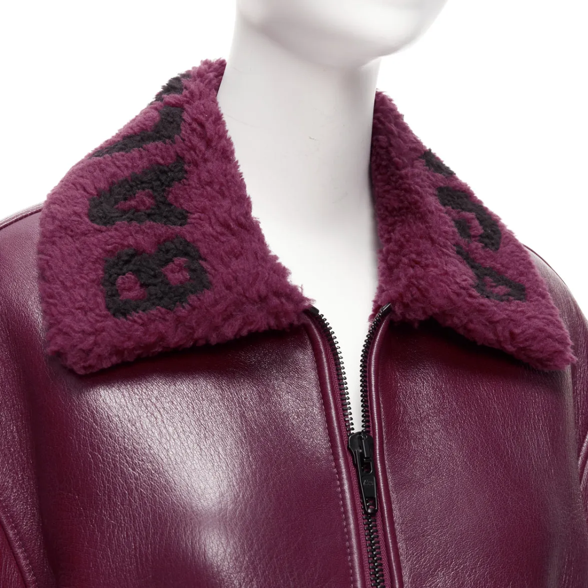BALENCIAGA Demna 2020 burgundy logo shearling cocoon Bombardier jacket FR34 XS