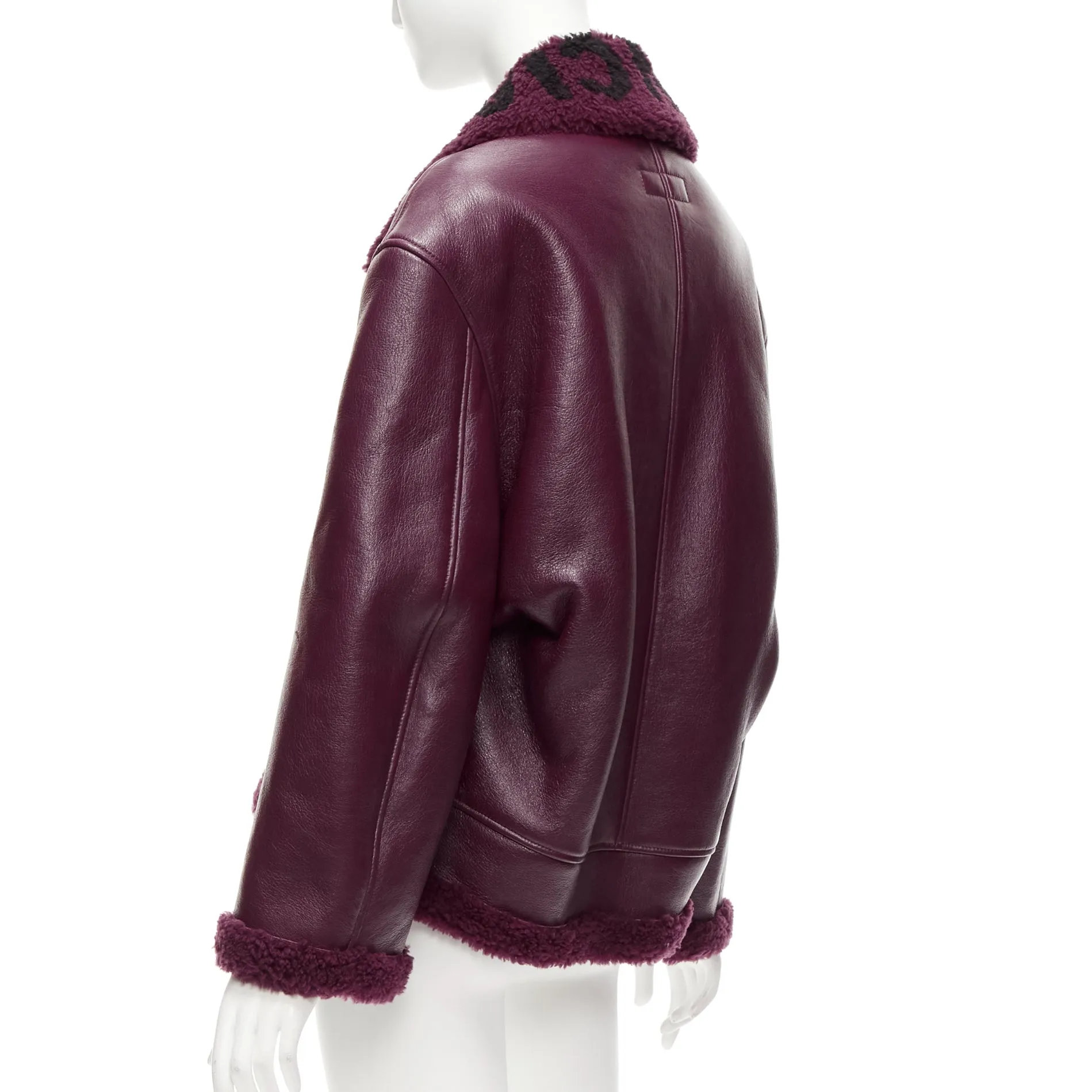BALENCIAGA Demna 2020 burgundy logo shearling cocoon Bombardier jacket FR34 XS