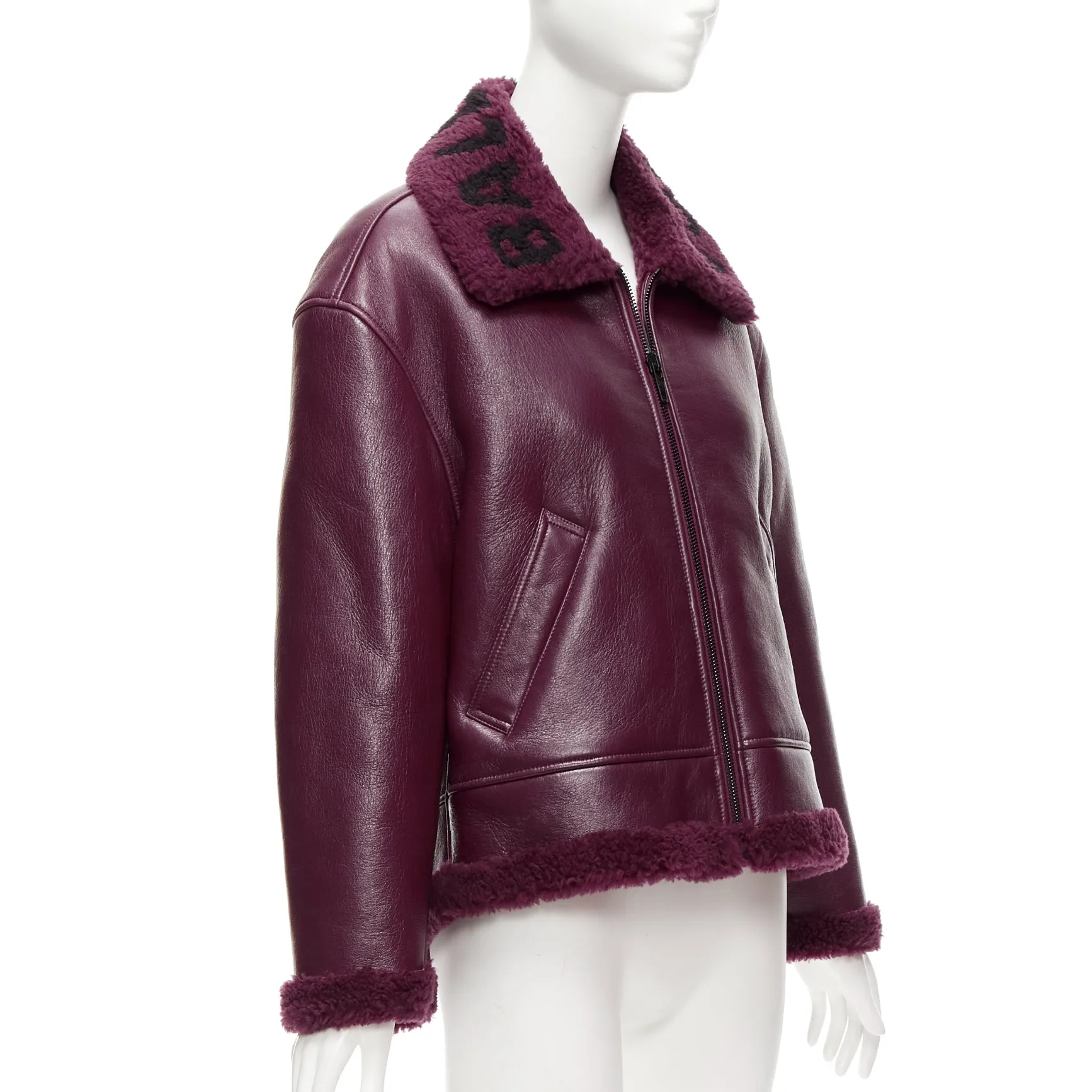 BALENCIAGA Demna 2020 burgundy logo shearling cocoon Bombardier jacket FR34 XS