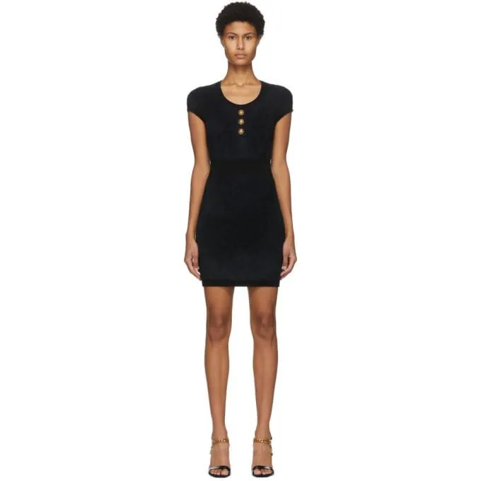 Balmain Black Fluffy Diamond Cap Sleeve Dress