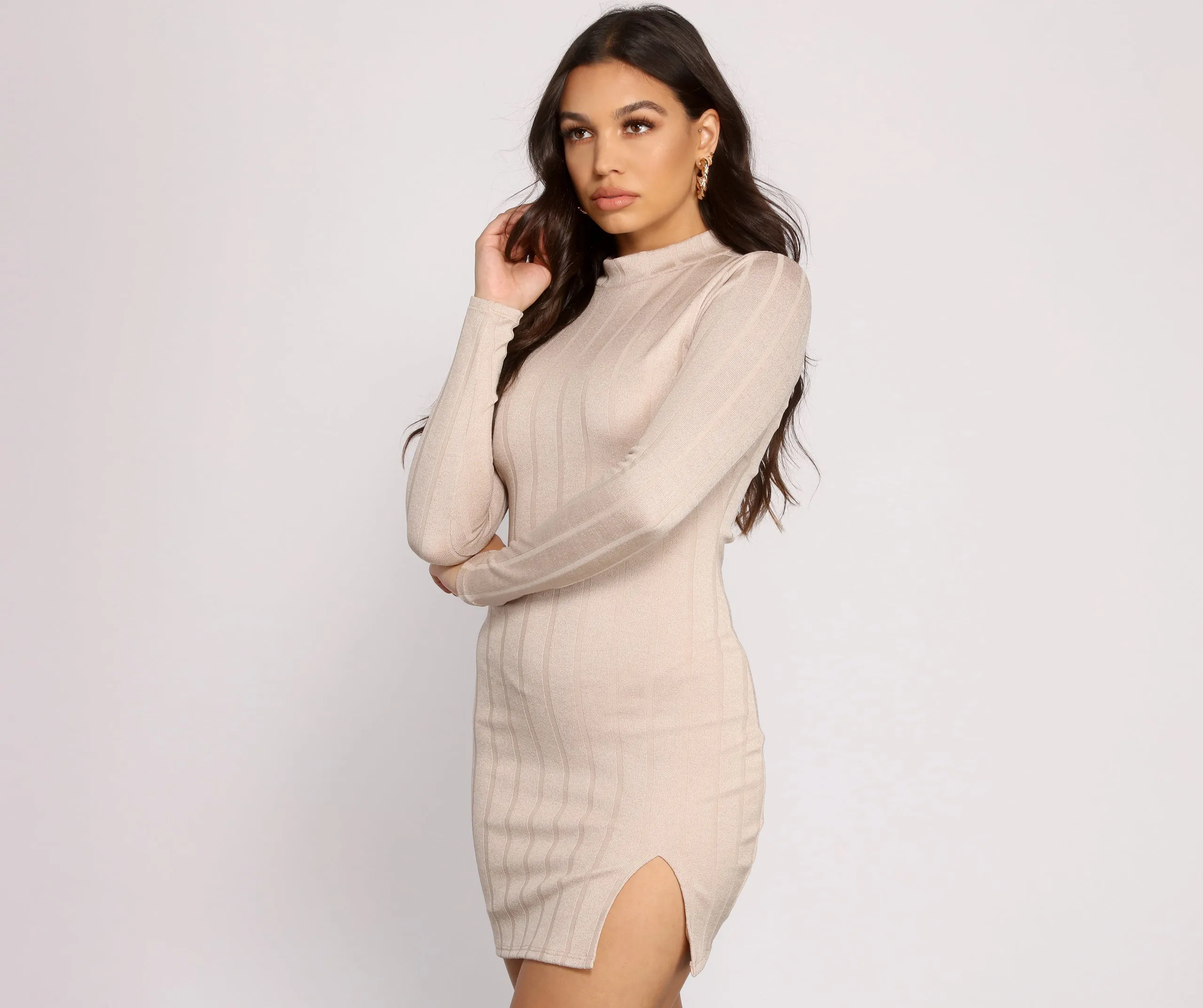 Basic Side Slit Ribbed Knit Mini Dress