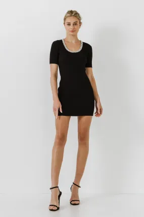 Beads & Faux Pearl Neckline Knit Mini Dress
