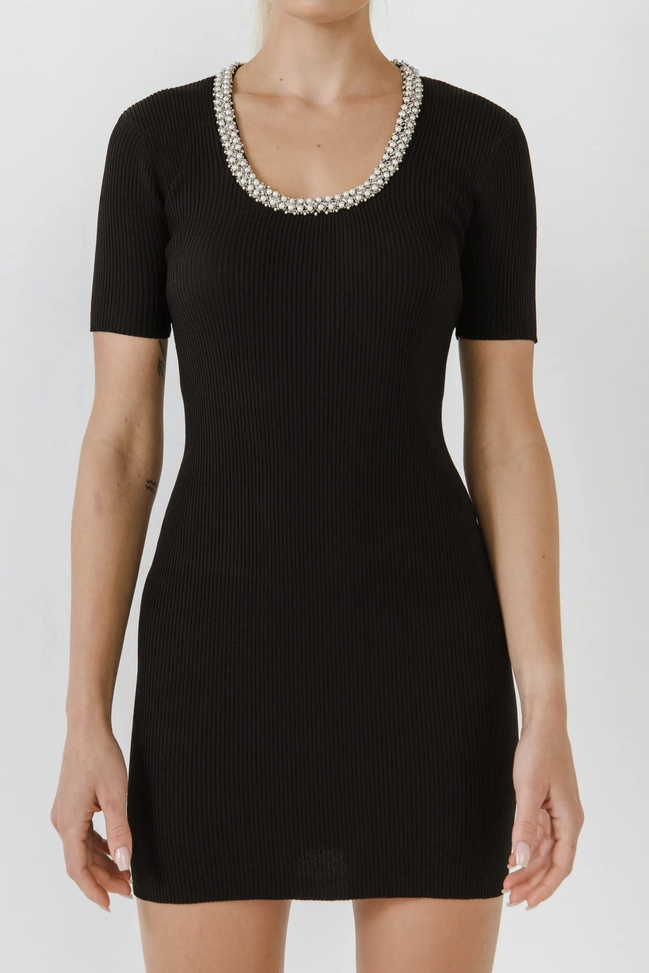 Beads & Faux Pearl Neckline Knit Mini Dress