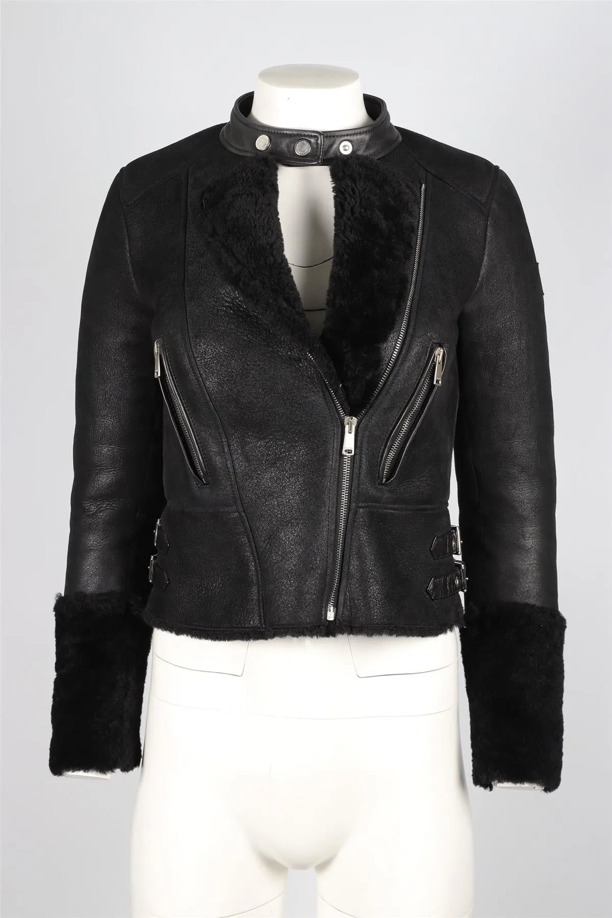 BELSTAFF BLACK SHEARLING JACKET IT 36 UK 4
