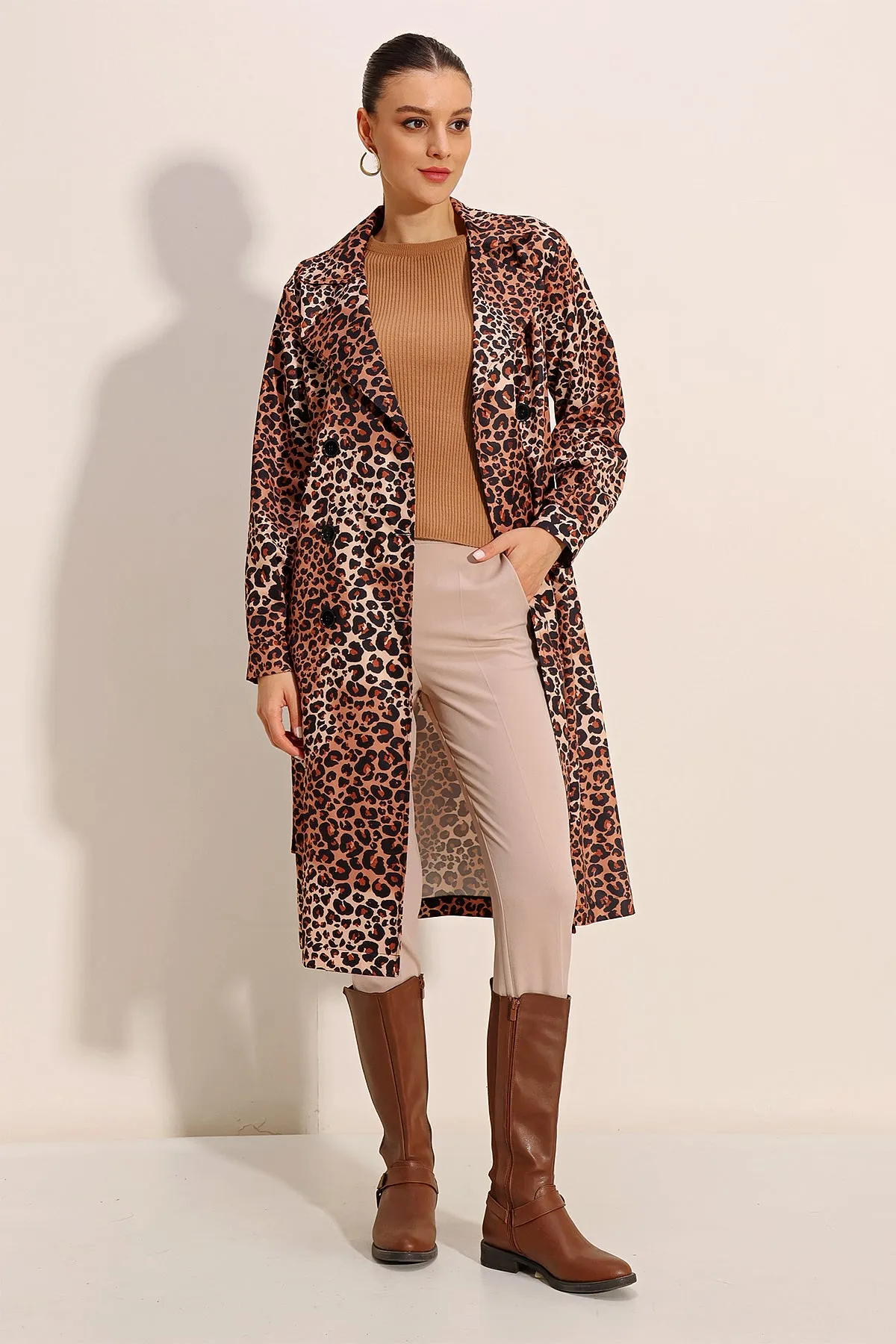 BGD Women Patterned Double-Breasted Trench Coat - Dark Brown - Avondale