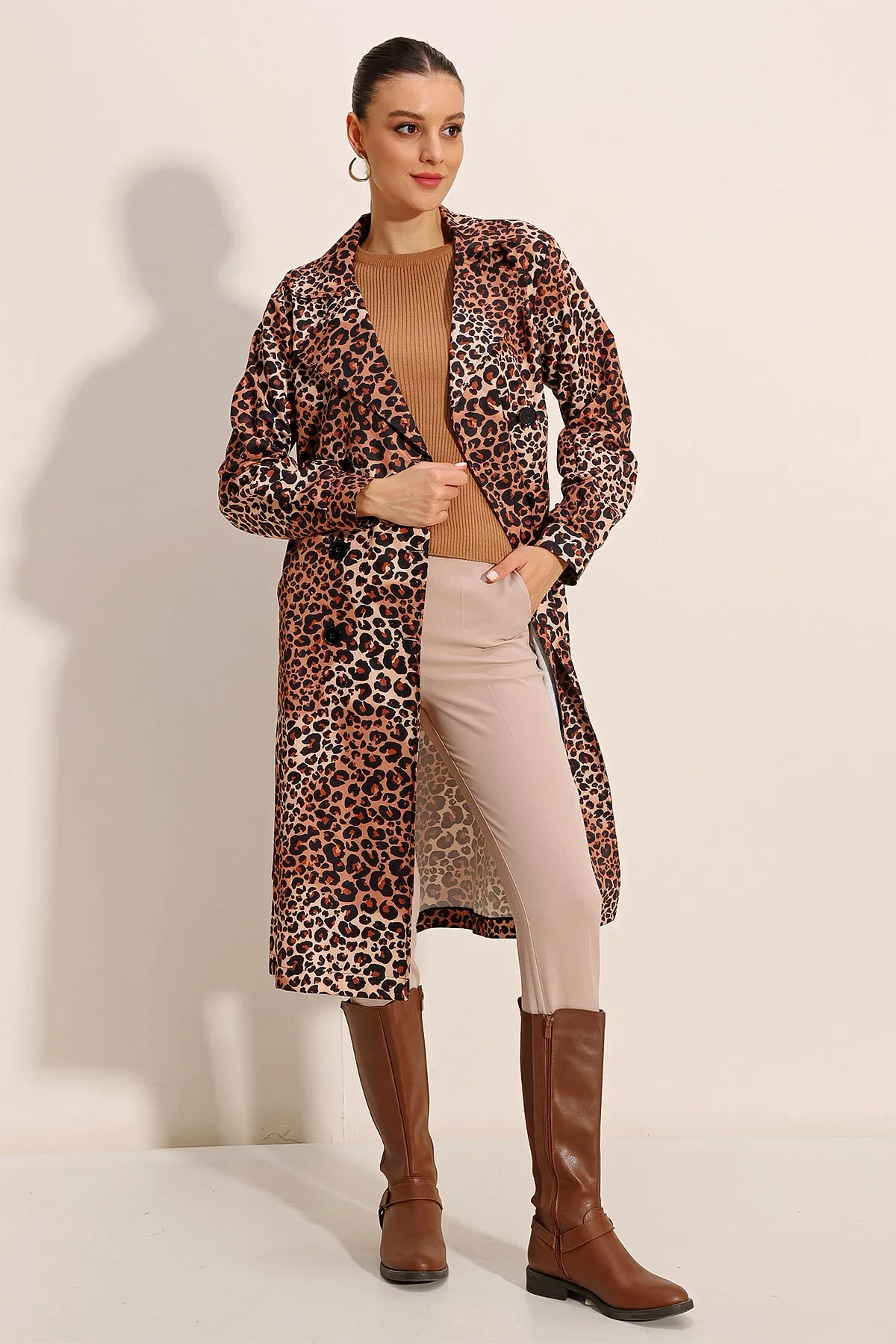 BGD Women Patterned Double-Breasted Trench Coat - Dark Brown - Avondale