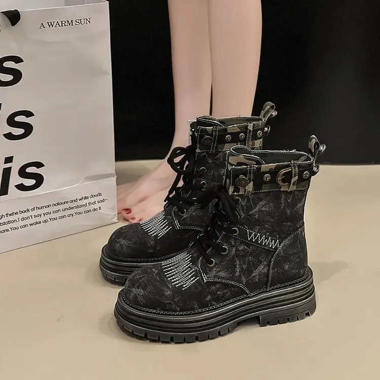 binfenxie  -  Winter Women Workwear Boots Women Ankle Boots Platform Chunky Mid Heels Shoes New Fashion Trend Goth Retro Motorcycle Boots