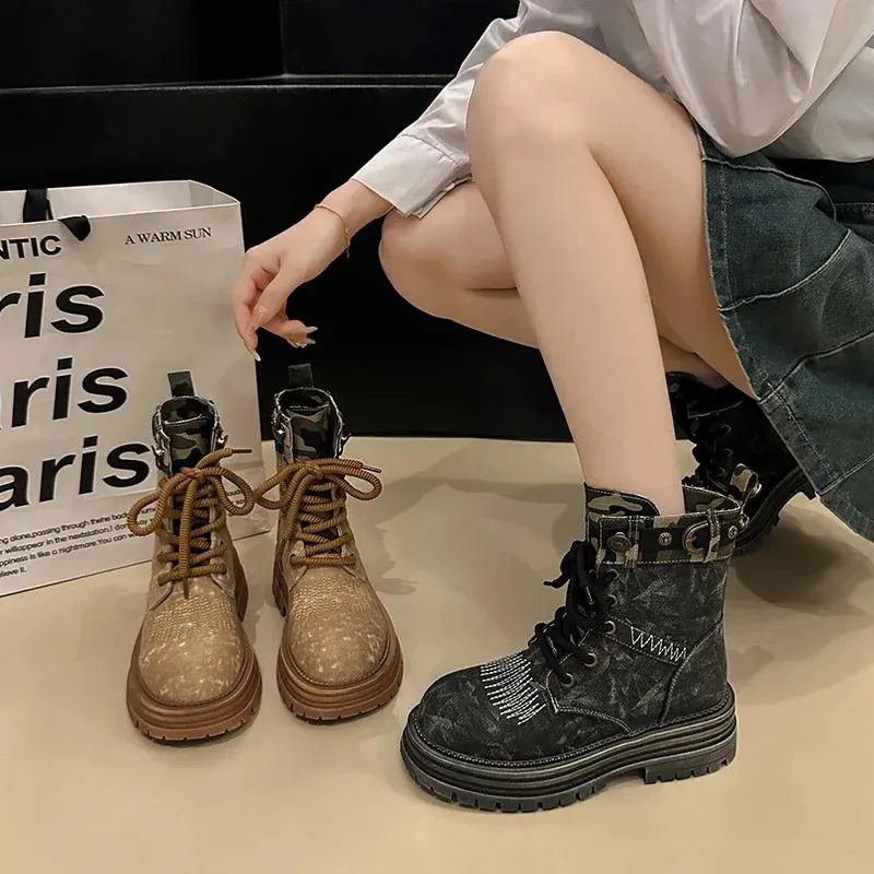 binfenxie  -  Winter Women Workwear Boots Women Ankle Boots Platform Chunky Mid Heels Shoes New Fashion Trend Goth Retro Motorcycle Boots