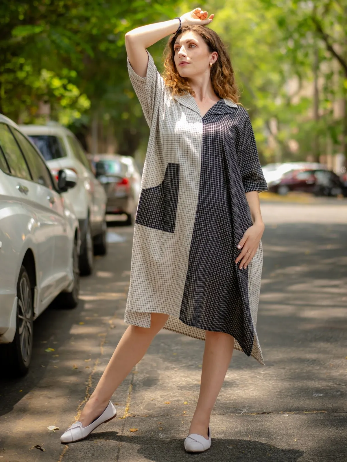 Black & White Kimono handloom Dress Dyed Naturally