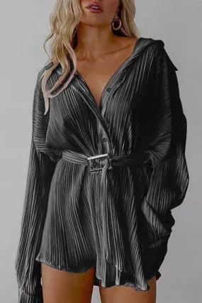 Black Textured Button Shirt Dress with Buckle Belt