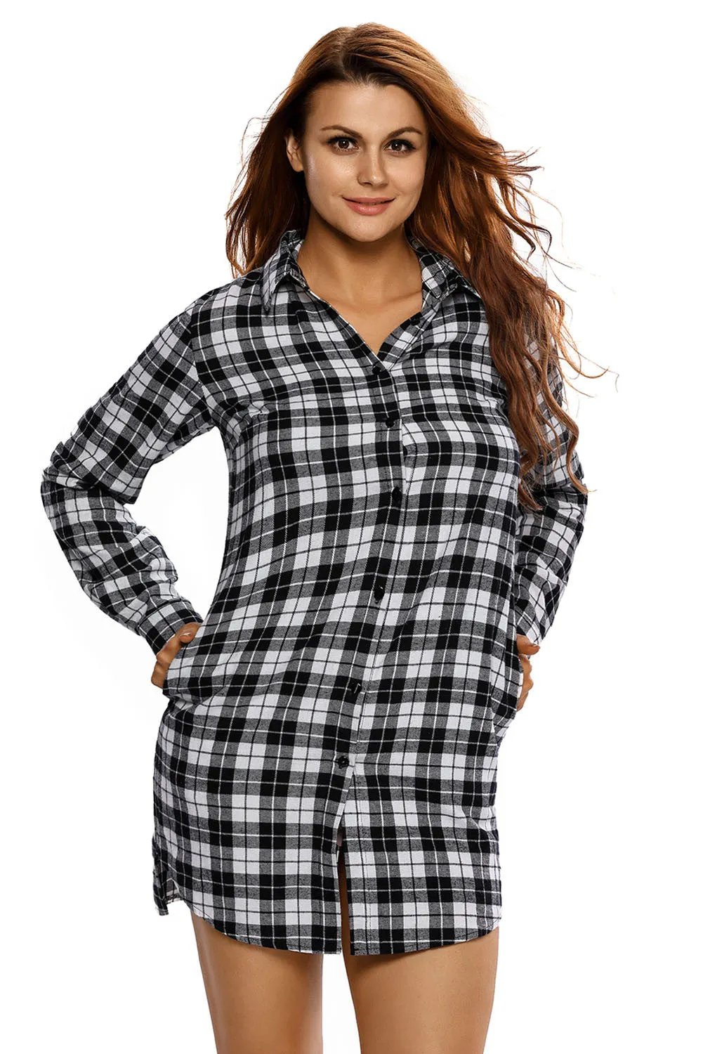 Black White Plaid Long Sleeves Shirt Dress
