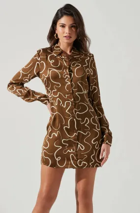 Brown/Ivory Sketch L/S Cut Out Retro Dress