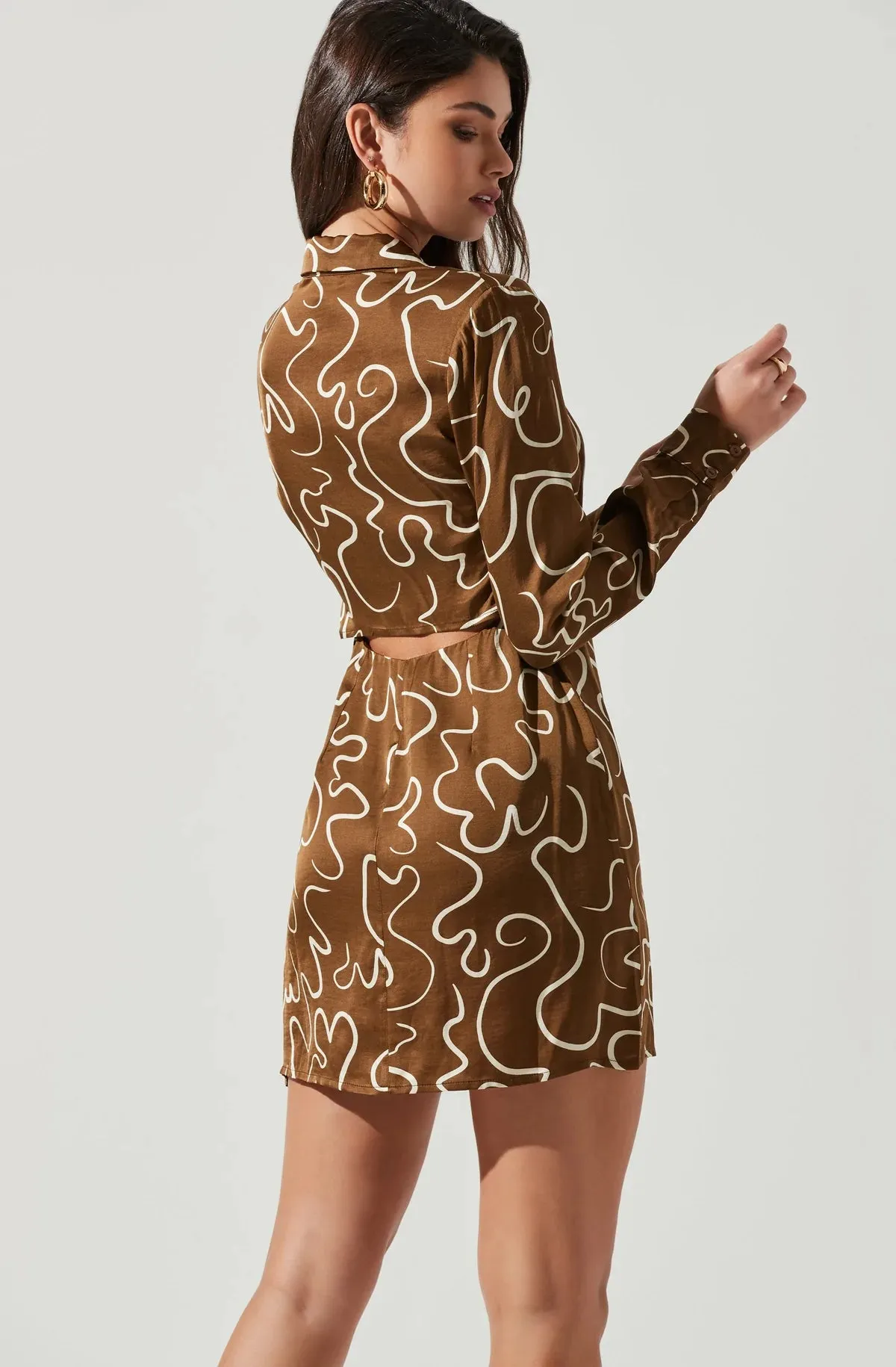 Brown/Ivory Sketch L/S Cut Out Retro Dress