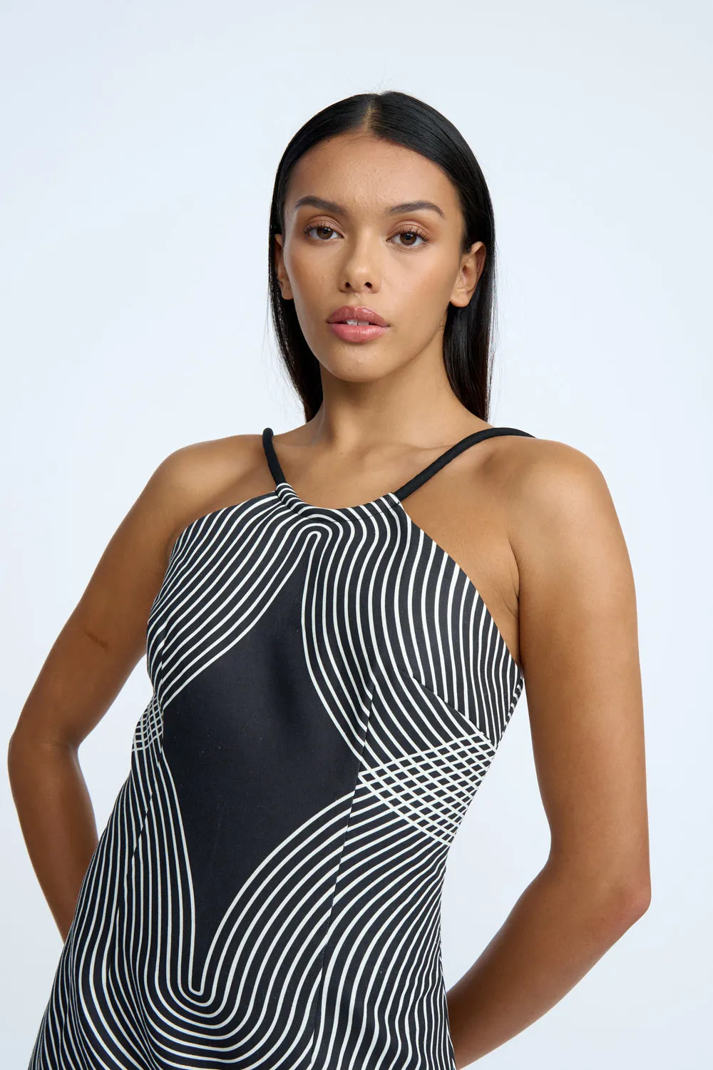 BY JOHNNY - ZEN LINEAR HALTER MINI DRESS - BLACK IVORY