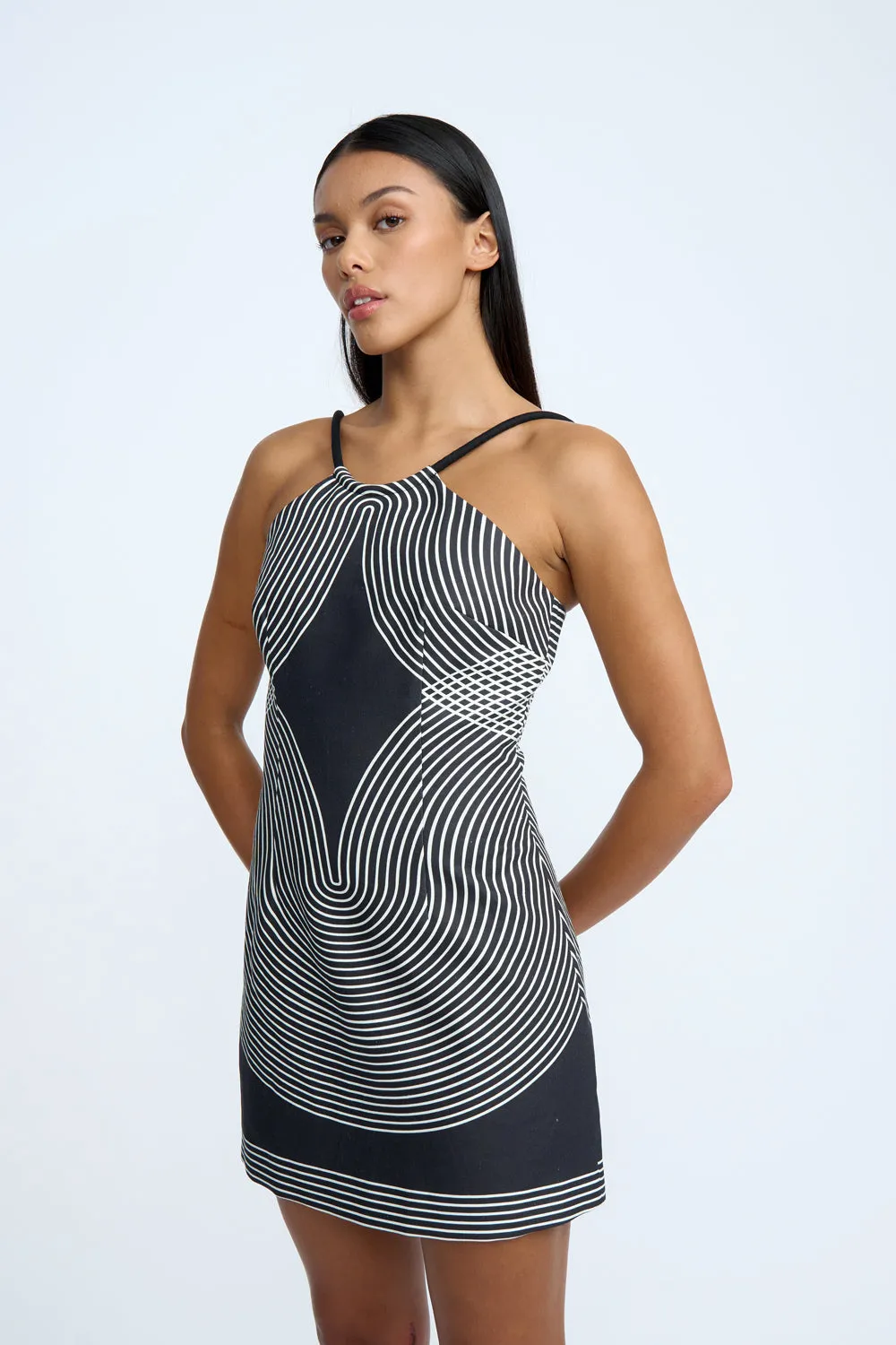 BY JOHNNY - ZEN LINEAR HALTER MINI DRESS - BLACK IVORY