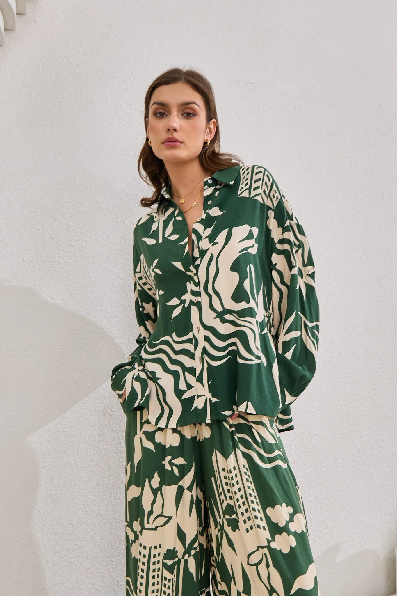 Cali Green Abstract Long Sleeve Shirt