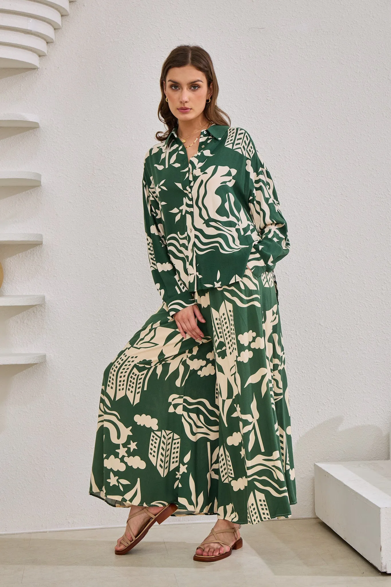 Cali Green Abstract Long Sleeve Shirt