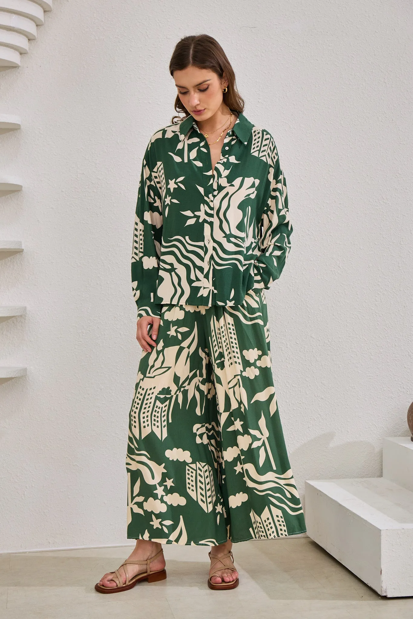 Cali Green Abstract Long Sleeve Shirt