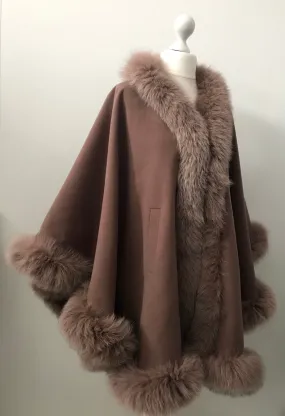 Camel Women Winter Coat Cape Trim Fox Fur, Light Brown Winter Women's Poncho Jacket lined, Tan Warm Elegant Women's coat