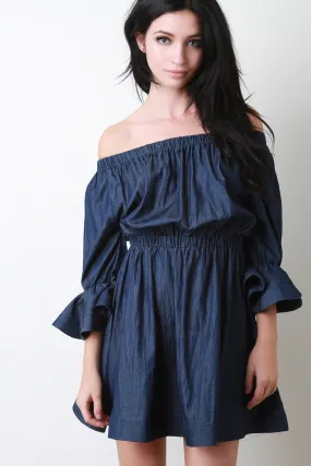 Chambray Off Shoulder Flounce Sleeve Dress