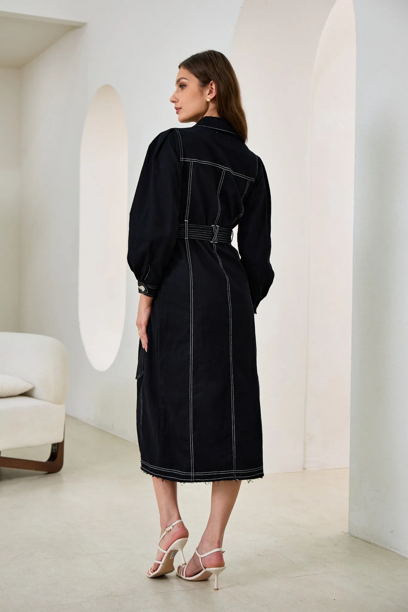 Cleo Black Button Down Belted Midi Dress