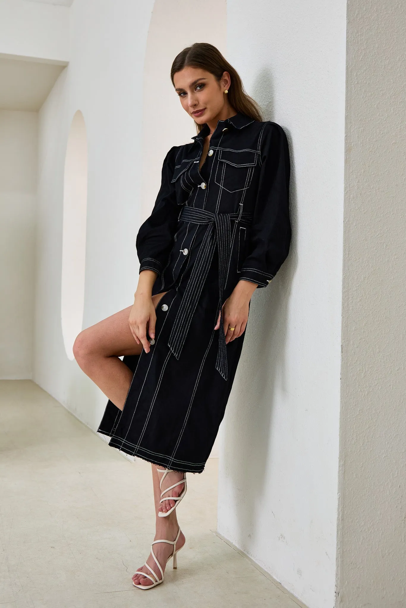 Cleo Black Button Down Belted Midi Dress