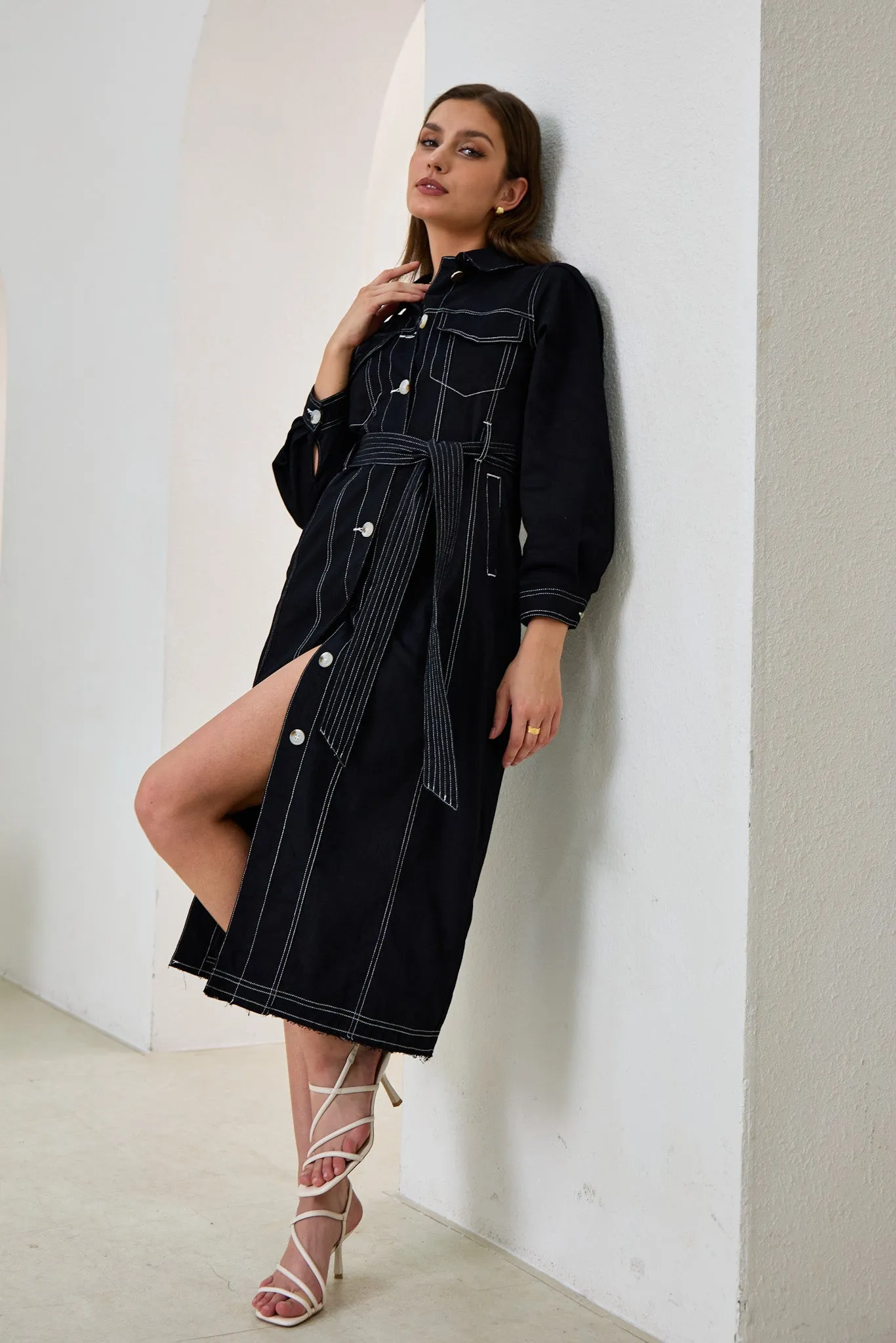 Cleo Black Button Down Belted Midi Dress