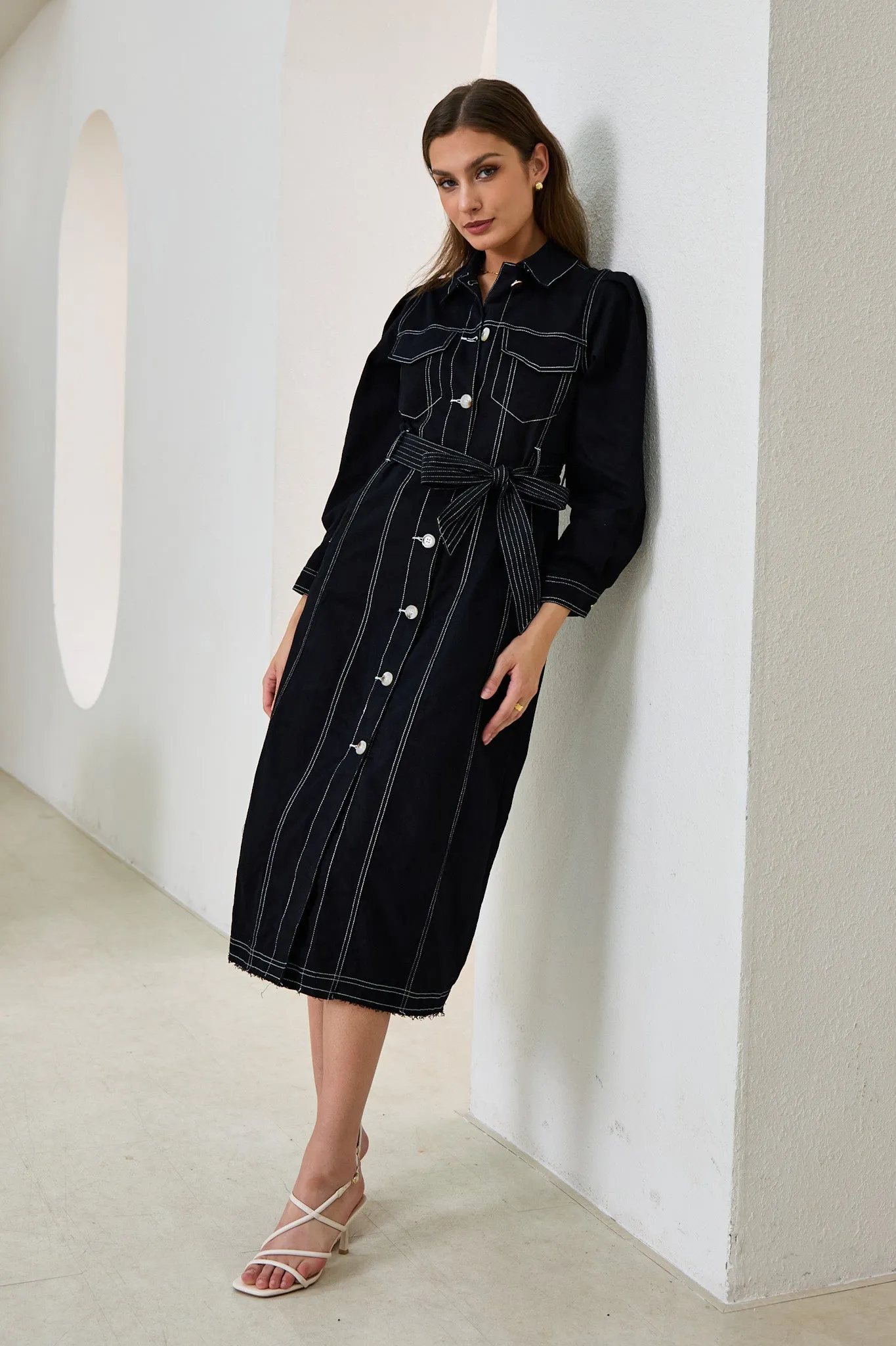 Cleo Black Button Down Belted Midi Dress