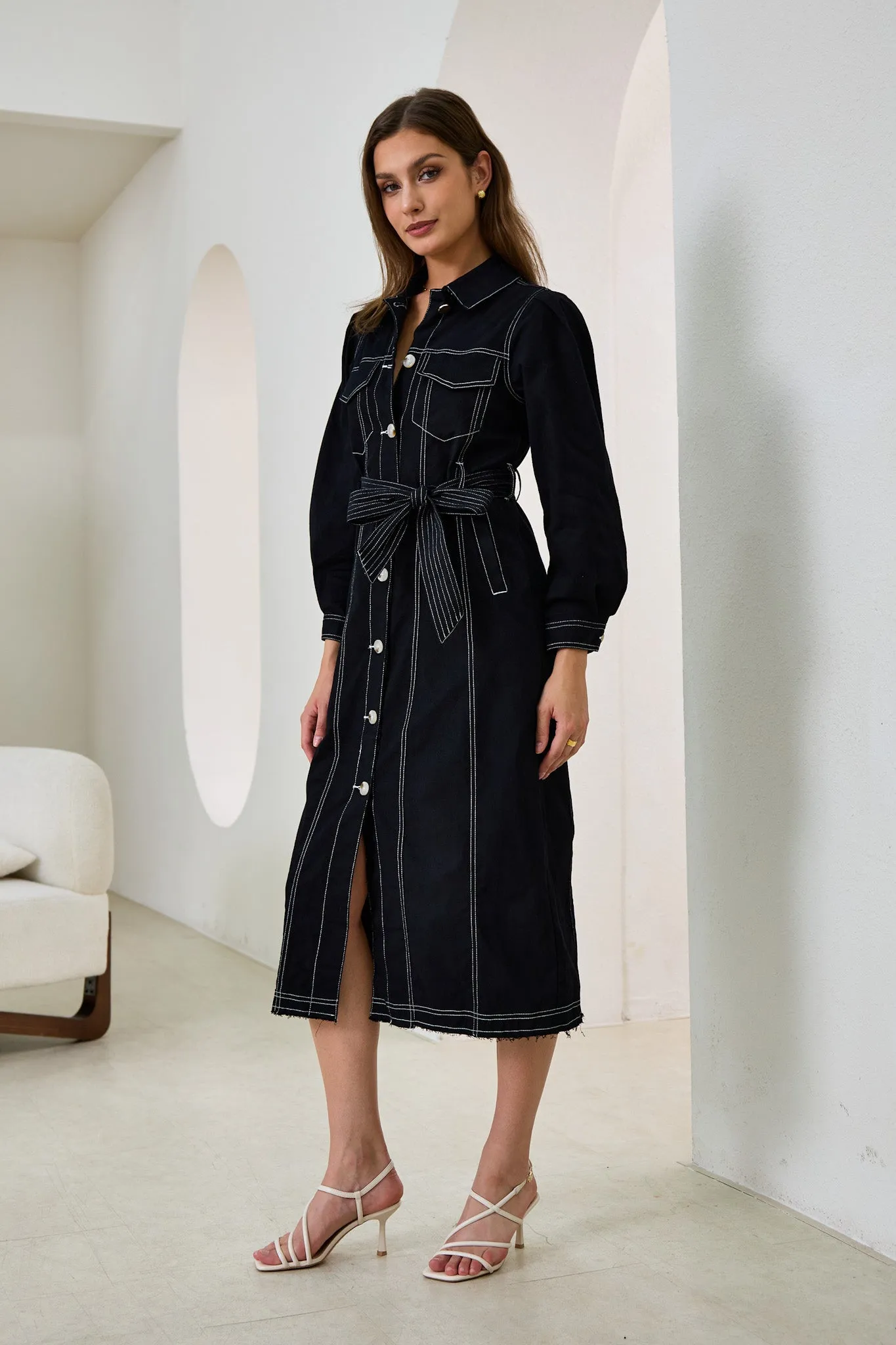 Cleo Black Button Down Belted Midi Dress