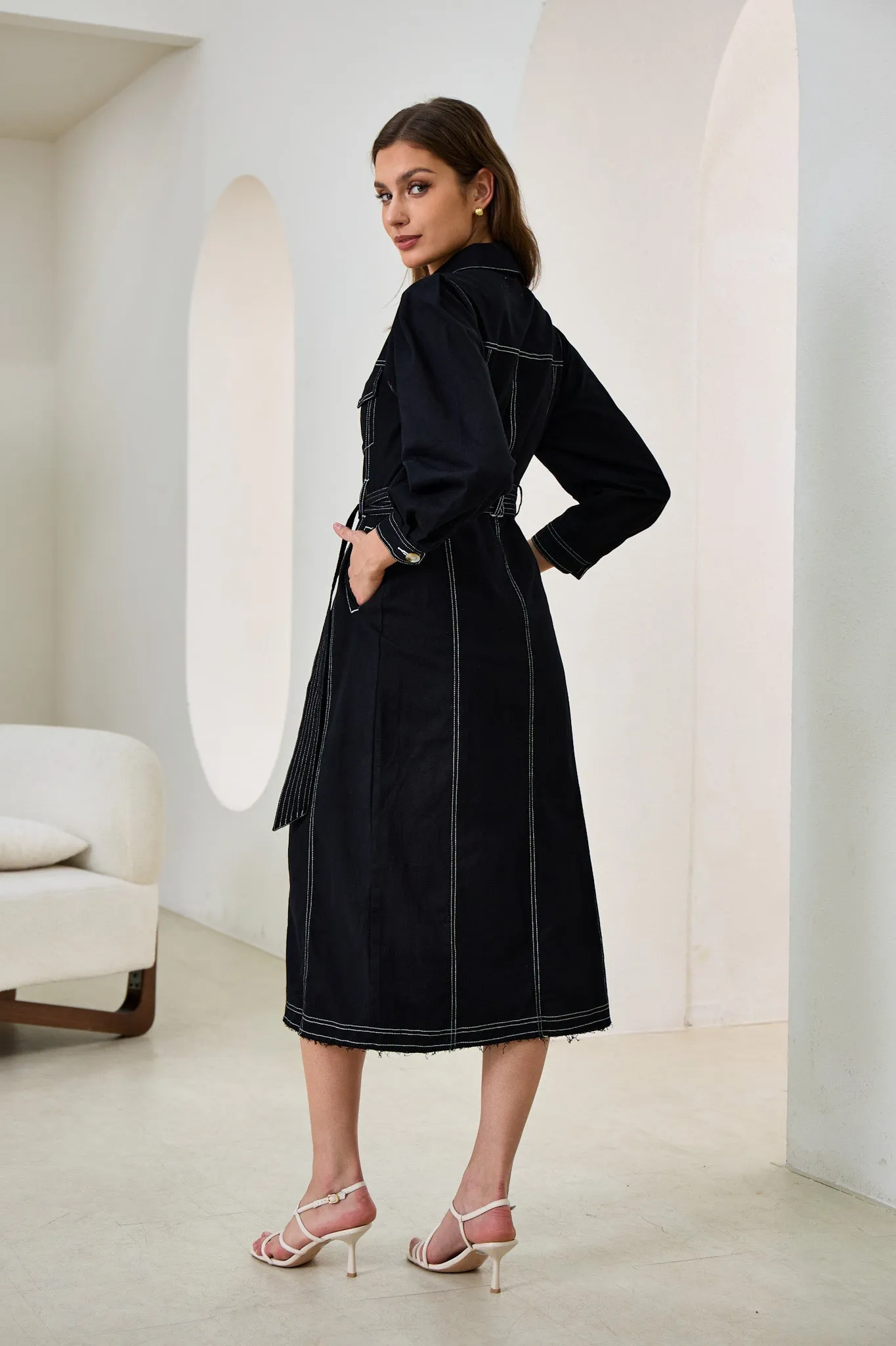 Cleo Black Button Down Belted Midi Dress