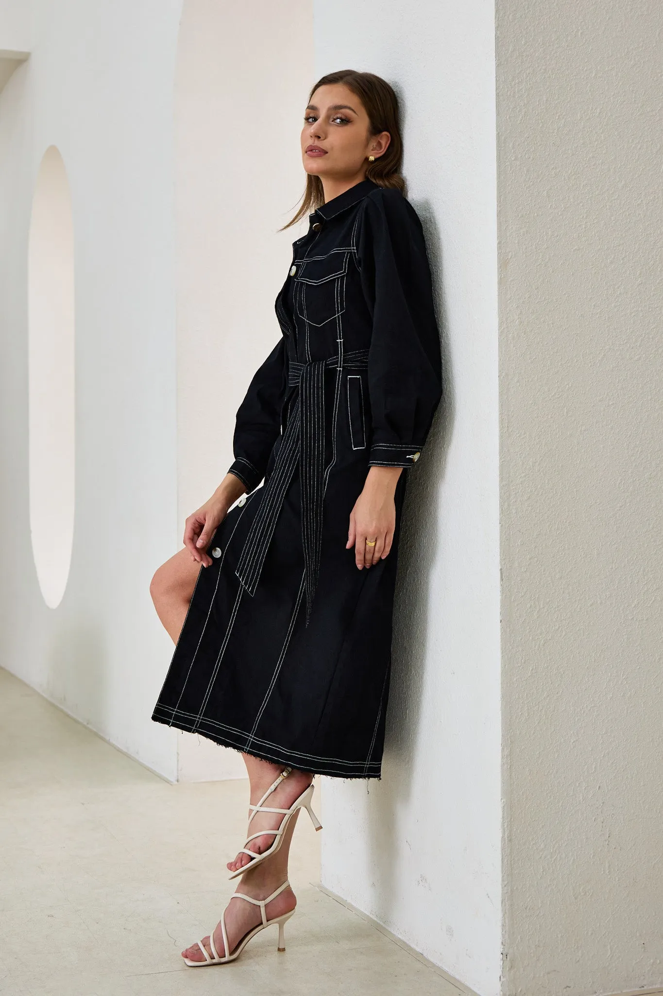 Cleo Black Button Down Belted Midi Dress