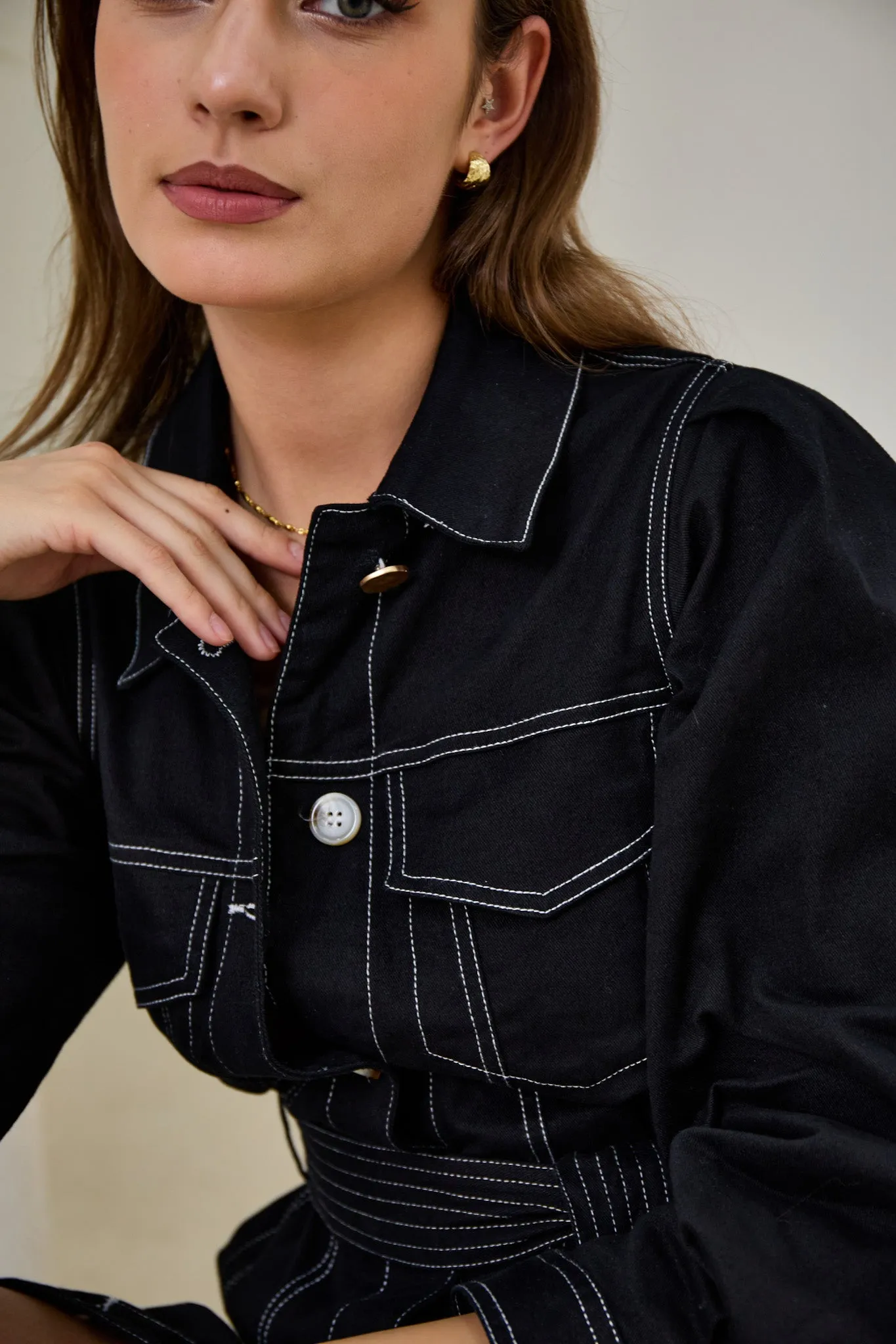 Cleo Black Button Down Belted Midi Dress