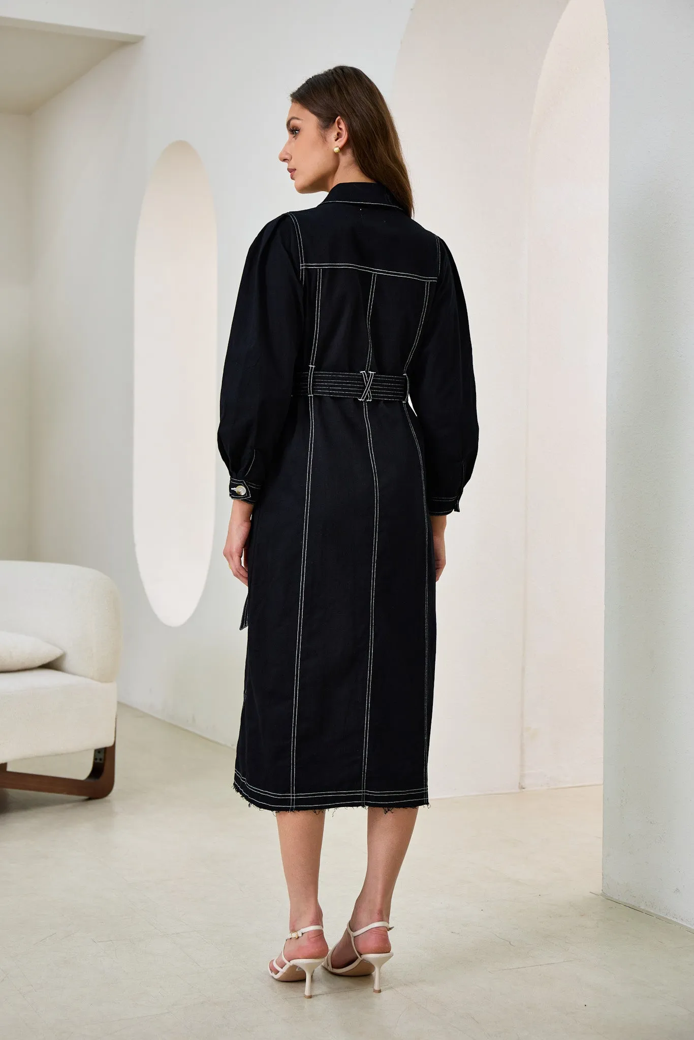 Cleo Black Button Down Belted Midi Dress