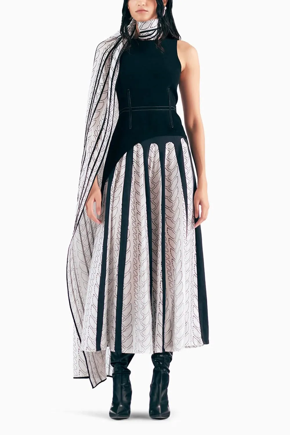Coal Corset Top With Knit Print Dome Skirt & 3D Scarf